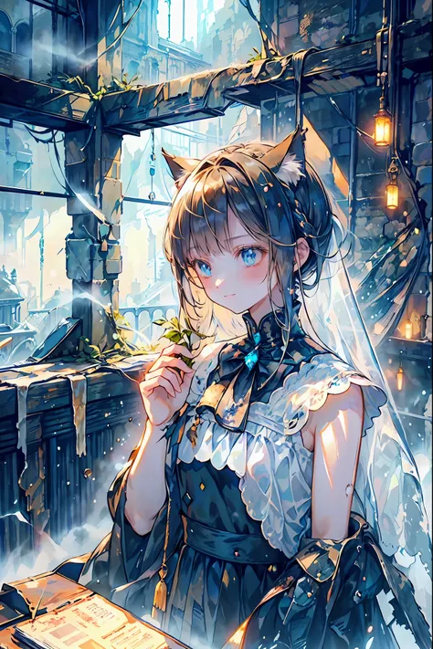 brown hair,Shortcut,unkempt hair,Short braided hair,Neat,slender beauty,correct posture,small breasted,Beautiful legs,Her enchanting gray-blue eyes with decayed books shine like stars,Saggy Eyes,bright colors,beautiful eyes,Cat ears,A delicate smile,Textur...