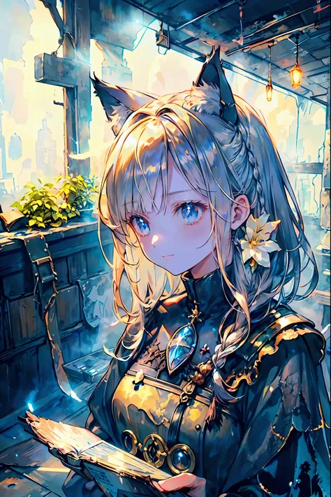 brown hair,Shortcut,unkempt hair,Short braided hair,Neat,slender beauty,correct posture,small breasted,Beautiful legs,Her enchanting gray-blue eyes with decayed books shine like stars,Saggy Eyes,bright colors,beautiful eyes,Cat ears,A delicate smile,Textur...