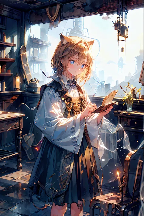 brown hair,Shortcut,unkempt hair,Short braided hair,Neat,slender beauty,correct posture,small breasted,Beautiful legs,Her enchanting gray-blue eyes with decayed books shine like stars,Saggy Eyes,bright colors,beautiful eyes,Cat ears,Delicate sad smile,sad,...