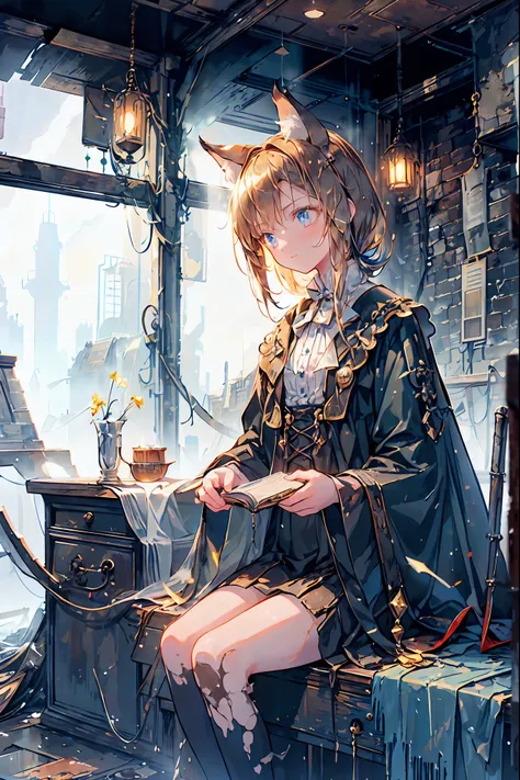 brown hair,Shortcut,unkempt hair,Short braided hair,Neat,slender beauty,correct posture,small breasted,Beautiful legs,Her enchanting gray-blue eyes with decayed books shine like stars,Saggy Eyes,bright colors,beautiful eyes,Cat ears,Delicate sad smile,sad,...