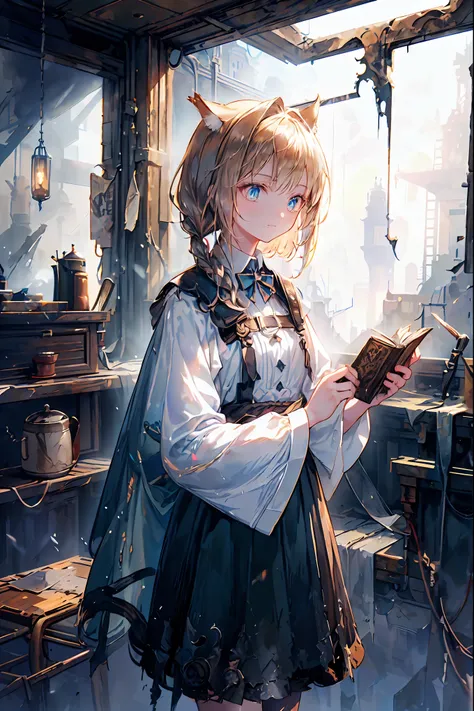 brown hair,Shortcut,unkempt hair,Short braided hair,Neat,slender beauty,correct posture,small breasted,Beautiful legs,Her enchanting gray-blue eyes with decayed books shine like stars,Saggy Eyes,bright colors,beautiful eyes,Cat ears,Delicate sad smile,sad,...