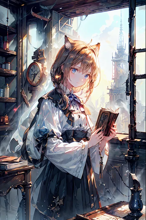 brown hair,Shortcut,unkempt hair,Short braided hair,Neat,slender beauty,correct posture,small breasted,Beautiful legs,Her enchanting gray-blue eyes with decayed books shine like stars,Saggy Eyes,bright colors,beautiful eyes,Cat ears,Delicate sad smile,sad,...