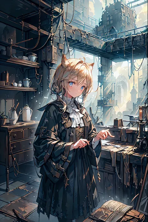 brown hair,Shortcut,unkempt hair,Short braided hair,Neat,slender beauty,correct posture,small breasted,Beautiful legs,Her enchanting gray-blue eyes with decayed books shine like stars,Saggy Eyes,bright colors,beautiful eyes,Cat ears,Delicate sad smile,sad,...