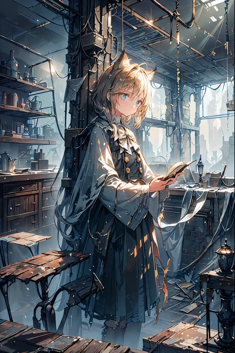 brown hair,Shortcut,unkempt hair,Short braided hair,Neat,slender beauty,correct posture,small breasted,Beautiful legs,Her enchanting gray-blue eyes with decayed books shine like stars,Saggy Eyes,bright colors,beautiful eyes,Cat ears,Delicate sad smile,sad,...