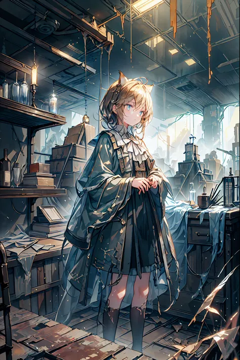 brown hair,Shortcut,unkempt hair,Short braided hair,Neat,slender beauty,correct posture,small breasted,Beautiful legs,Her enchanting gray-blue eyes with decayed books shine like stars,Saggy Eyes,bright colors,beautiful eyes,Cat ears,Delicate sad smile,sad,...