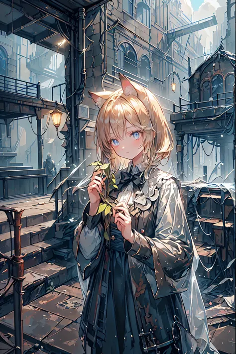 brown hair,Shortcut,unkempt hair,Short braided hair,Neat,slender beauty,correct posture,small breasted,Beautiful legs,Her enchanting gray-blue eyes with decayed books shine like stars,Saggy Eyes,bright colors,beautiful eyes,Cat ears,Delicate sad smile,sad,...