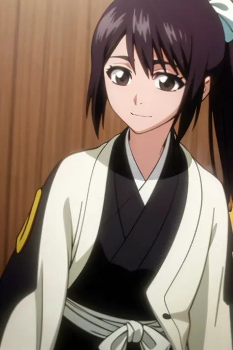 masterpiece, Highest quality , one girl from the side , romantic love , black hair, single ,ponytail, Vancouver, brown eyes, kimono, white sleeveless coat ,Captain's coat without white sleeves, black kimono , smile, alone, I'm looking for , simple backgrou...