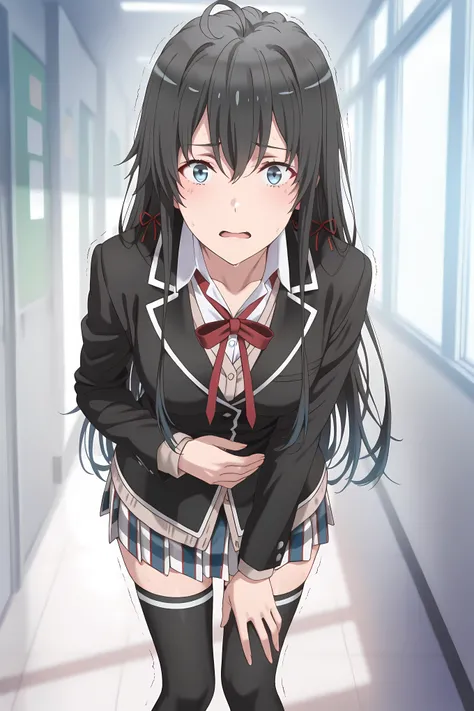 <lora:ORG_yukino yukinoshita:0.6>yukino yukinoshita,long hair,black hair,gradient hair,blue eyes,hair ribbon,ahoge,small breasts,,sobu high school uniform,black jacket,skirt,black thighhighs,brown cardigan,, ,Solo, general, masterpiece, highres, ultra-deta...