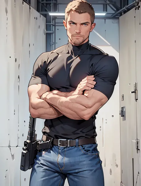 1 man, male focus solo,45 yo man,Stephen AMELL as private investigator, lean muscle, shirtless, blue jeans pants ,(bulge), full body shot, dark blond short hair, well groomed facial hair, (((crossed arms , holding firearm in each hand as james bond styl...