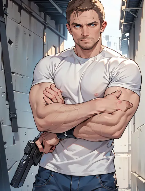 1 man, male focus solo,45 yo man,Stephen AMELL as private investigator, lean muscle, shirtless, blue jeans pants ,(bulge), full body shot, dark blond short hair, well groomed facial hair, (((crossed arms , holding firearm in each hand as james bond styl...