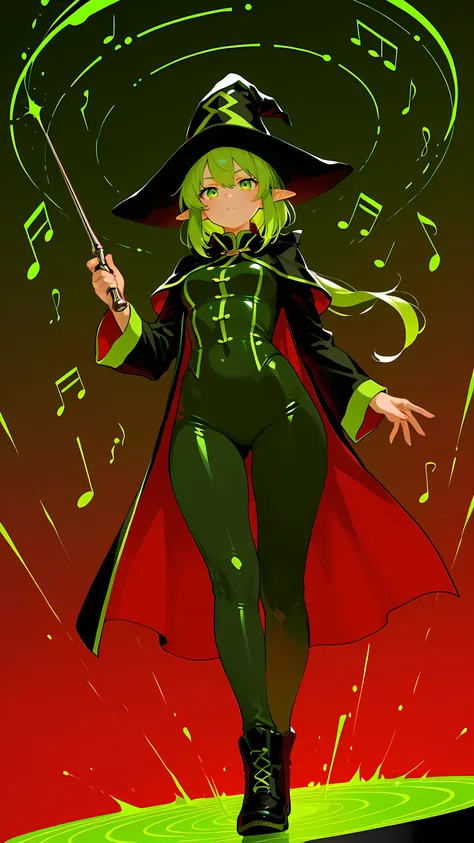 Misalind,(very aesthetic),Slim face,girl,solo,Magic Musketeer,green髪,薄red髪,green髪,tricolor hair,Long Low Ponytail,BREAK,(green,red,green,Wizard,Musician,detailed 2 combined multicolor costume:1.2),BREAK,詳細な十字型green紫の目,musical hat,musical baton,(The curvy :...