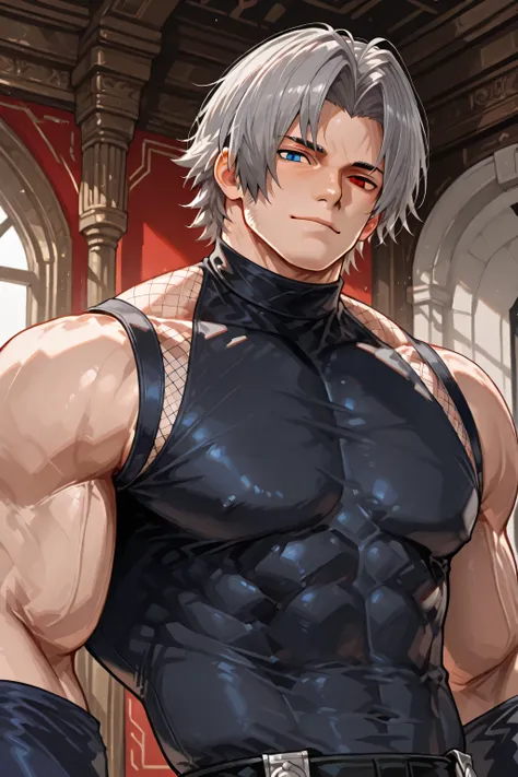 RugalIL, 1boy, male focus, mature male, blue eyes, red eyes, heterochromia, short hair, grey hair, muscular, young man