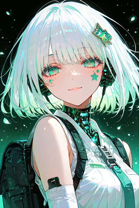 A high-resolution, ultra-detailed anime-style portrait of a futuristic girl with short white hair and pastel highlights. Her large, iridescent eyes shimmer with star-shaped reflections, and a mint-green star sticker decorates her cheek. She wears a sleek, ...