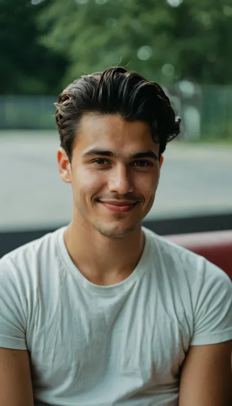 a young, handsome, ethnically ambiguous man in a white tee shirt, smiling at camera, with a warm demeanor, stylish dark gen Z hair and light eyes, shallow depth of field, vignette, highly detailed, high budget, bokeh, cinemascope, moody, epic, gorgeous, fi...