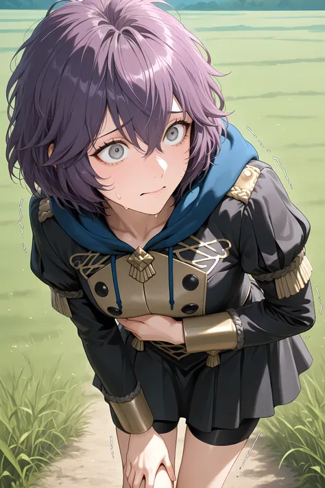 dfbndta, purple hair, messy hair, hair between eyes, grey eyes, black jacket, blue hood, hood down, black buttons, black skirt, shorts under skirt, general, masterpiece, highres, ultra-detailed, hyper-detailed, best quality, amazing quality, very aestheti...