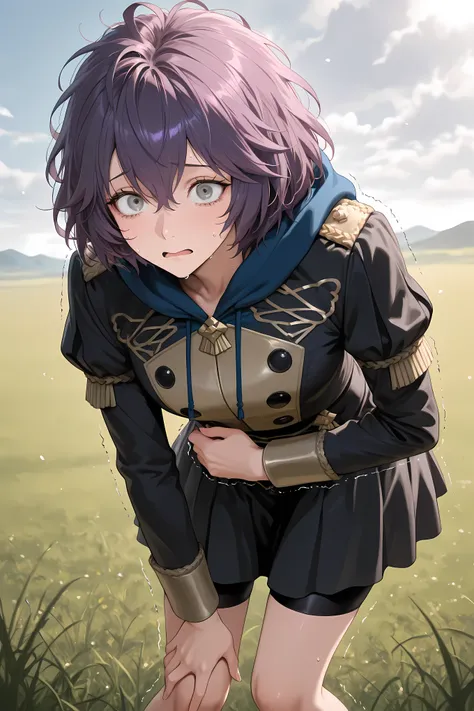 dfbndta, purple hair, messy hair, hair between eyes, grey eyes, black jacket, blue hood, hood down, black buttons, black skirt, shorts under skirt, general, masterpiece, highres, ultra-detailed, hyper-detailed, best quality, amazing quality, very aestheti...