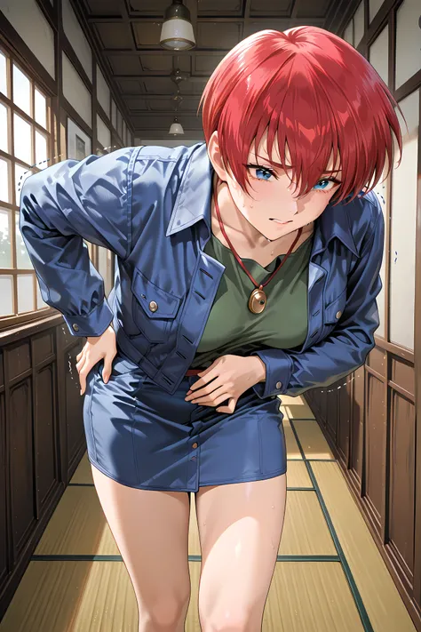 asami, short hair, red hair, blue eyes, locket, denim jacket, open jacket, green shirt, denim skirt, general, masterpiece, highres, ultra-detailed, hyper-detailed, best quality, amazing quality, very aesthetic, best hands, best eyes, best hand
adult woman...