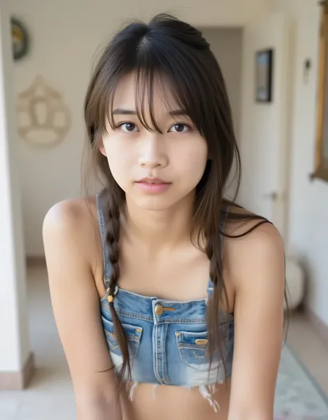 8K,High quality,Top quality,(( 1 girl)), Woman, Masterpiece, Highest quality, Best quality, 8k, masterpiece, ultra high resolution, (reality: 1.4), 1 girl, , 18 years old, youthful, skinny, tall, brunette, messy medium long hair, bright blue eyes, small br...