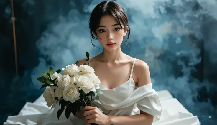 Super Quality, artistic, Japanese woman wearing a white camisole dress with a big bouquet,natural bangs、dark background