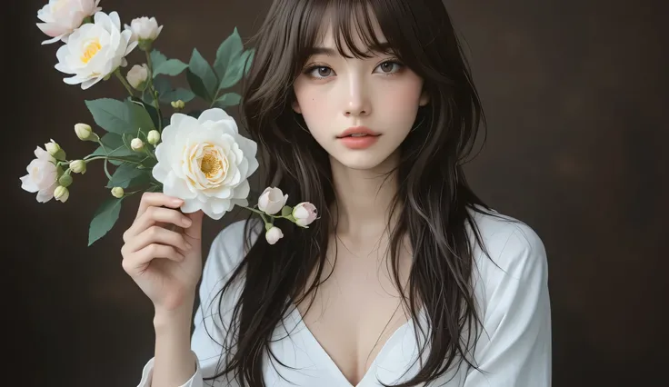 Super Quality, artistic, Long black brown hair、Sharp Eyes、Japanese woman wearing a white camisole dress with a big bouquet,natural bangs、dark background