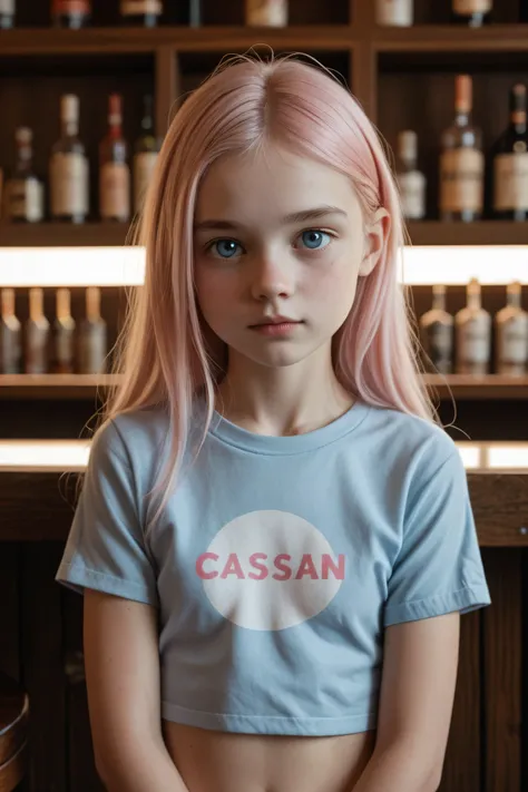 young caucasian female,small breast, long pink straight hair center parted,pale blue eye color,She is at a bar. She is wearing a T-shirt 
