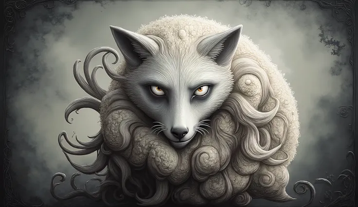 Surreal fantasy,  detailed, intricate, with patterns, texturized, dreamy and fantastical mood, wolf in sheep's clothing  by  Benjamin Lacombe with patterns