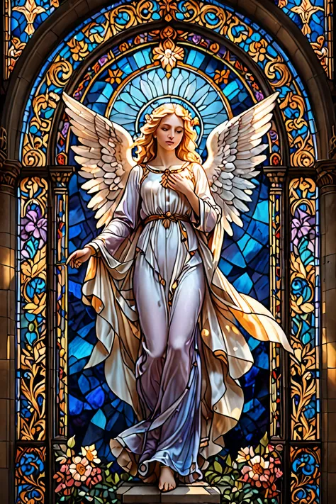 detailed angelic blond figures,ornate stained glass window backdrop,warm glowing lighting,dramatic heavenly atmosphere,intricate architectural details,photorealistic,masterpiece,ultra-detailed,studio lighting,physically-based rendering,vibrant colors,drama...