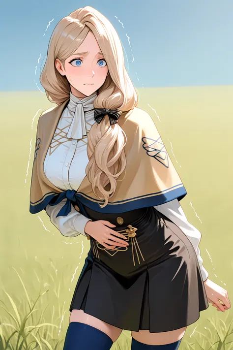 defmcdes, blonde hair, low-tied long hair, hair over shoulder, blue eyes, hair bow, beige capelet, white shirt, white ascot, high-waist skirt, black skirt, zettai ryouiki, blue thighhighs, half body shot, 

,general, masterpiece, highres, ultra-detailed, h...