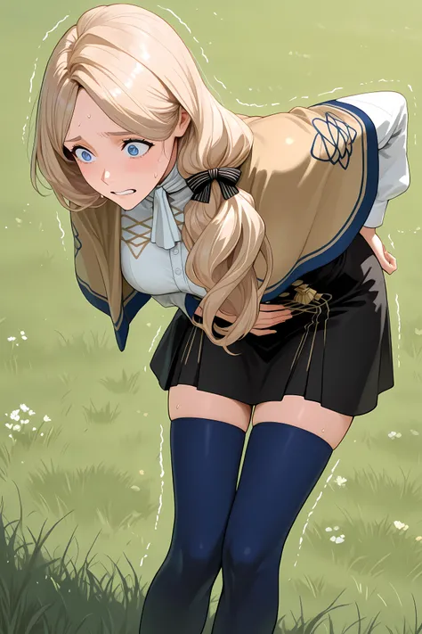 defmcdes, blonde hair, low-tied long hair, hair over shoulder, blue eyes, hair bow, beige capelet, white shirt, white ascot, high-waist skirt, black skirt, zettai ryouiki, blue thighhighs, half body shot, 

,general, masterpiece, highres, ultra-detailed, h...