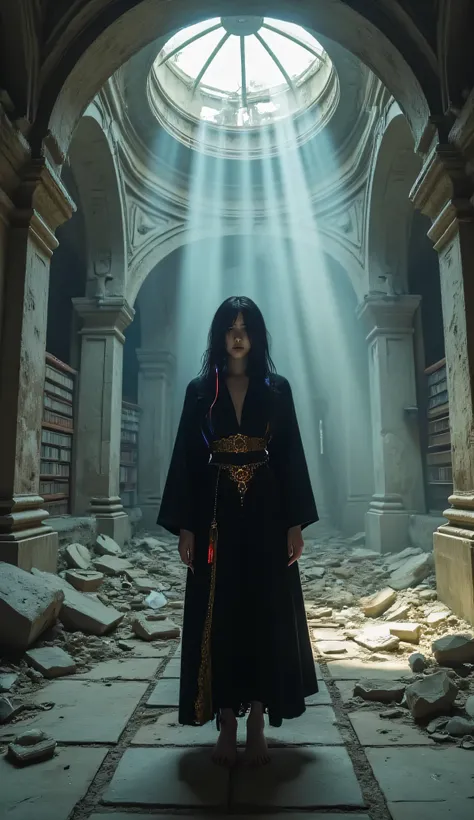 A photorealistic cinematic scene of The Archivist, front view of a lone woman entering a long-forgotten, partially ruined digital library beneath a collapsed city. Dusty light cuts through a broken dome, illuminating stone tiles, collapsed shelves, and br...