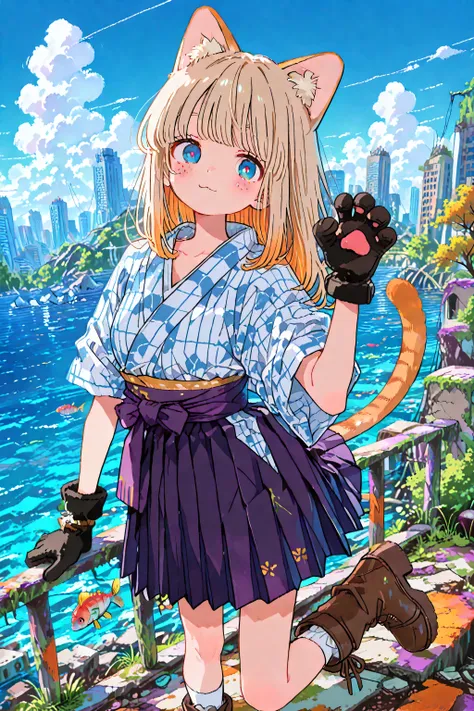 watercolor:1.5, looking at viewer, 1girl, cat girl, cat ears, blonde long hair, 探検家のヘルメットを被って、freckles, cat tail, short sleeve kimono, open neck, slightly visible, pleated gingham black レギンス, loose socks, brown long boots, cute student, fingertip gloves, 不...