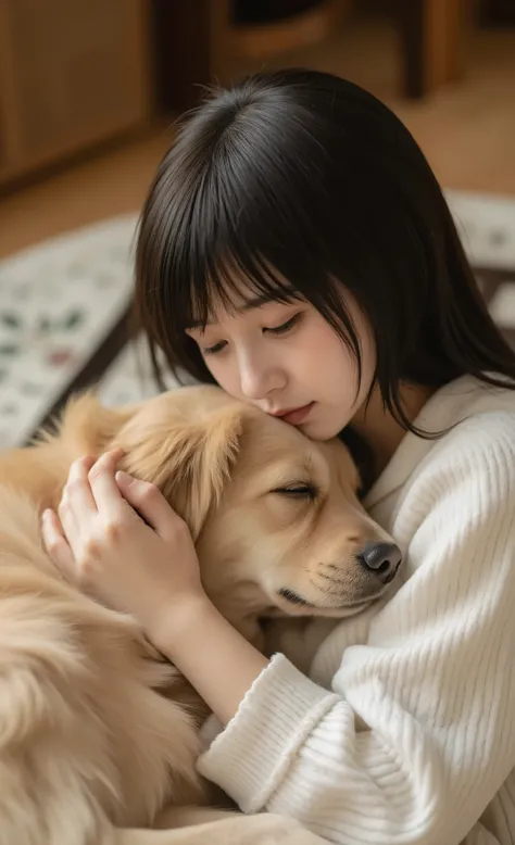 long shot, ((Top quality、masterpiece、high sensitivity、high resolution、detailed depiction、Fvalue:6.0),((Slender Woman,)), picture looking down to a golden retriever are sleeping together on the carpet with a calm expression、Girl using a golden retriever's b...