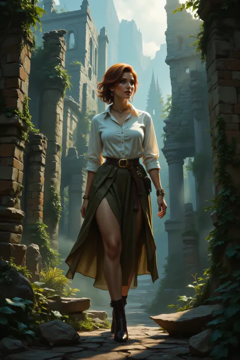 FntsyPstlCE style,midjourney ,alt90th91rl,comic art, fantasy art, RPG art, ultra wide shot, a picture of a woman explorere walking in a ancient ruins of lost culture, a beautiful mature woman, explorer woman, dynamic hair color, dynamic hair style, , weari...