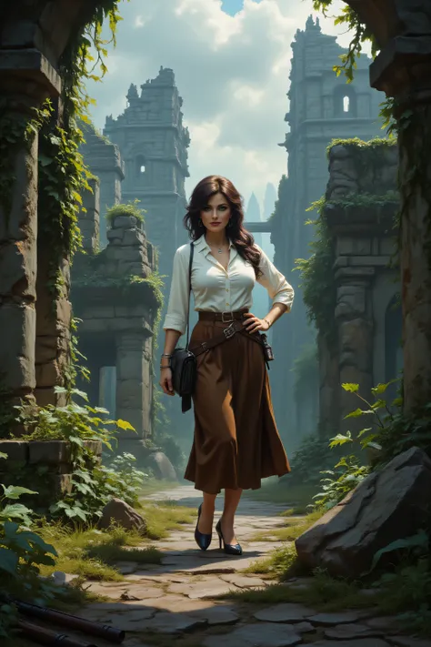 FntsyPstlCE style,midjourney ,alt90th91rl,comic art, fantasy art, RPG art, ultra wide shot, a picture of a woman explorere walking in a ancient ruins of lost culture, a beautiful mature woman, explorer woman, dynamic hair color, dynamic hair style, , weari...