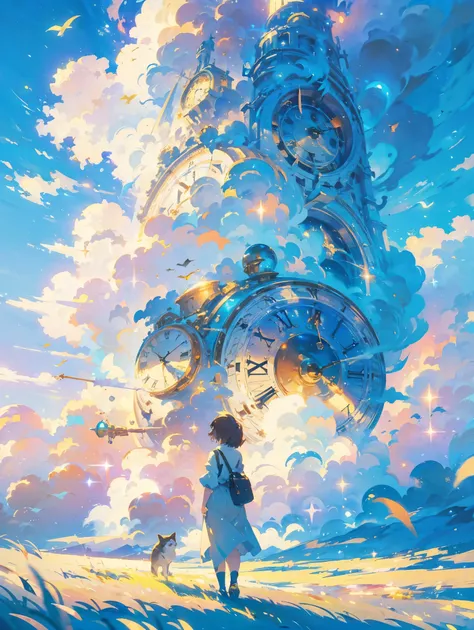  No human ，((Super-sophisticated clock standing in white cloud))，Green grass ，Beautiful Illustration , Makoto Shinkai cyril rolando, Makoto Shinkai.  Digital Rendering , in style of Makoto Shinkai, 受到Makoto Shinkai啟發, soft colors，dreamy colors，Scenery,mini...