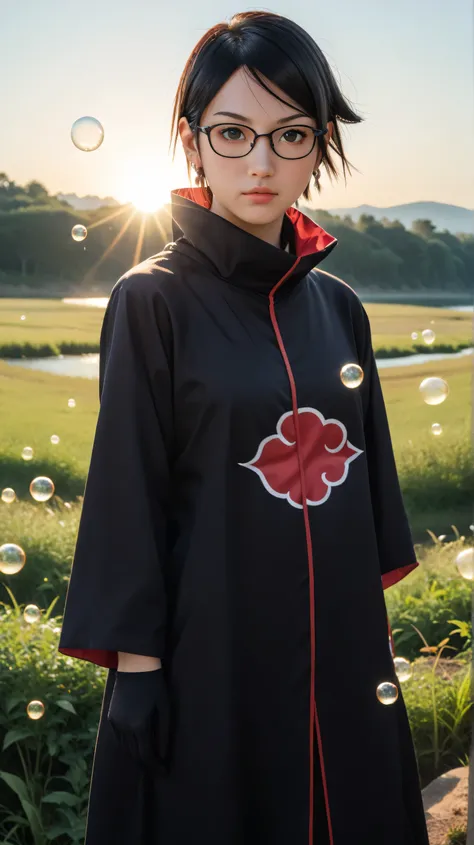 1girl, solo,sarada uchiha,black eyes,black hair,buzz-cut hair,outdoors,potrait,small breast,nature,tall grass background,standing on grass field,wear glasses,(sunset lighting:1.5),earings,looking at viwer, front view,(akatsuki outfit:1.5),sitting on river,...