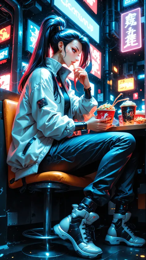Create an image of a young beautiful woman named Elle. Elle is a bladerunner, sitting at a flying noodle soup shop and eating a noodle soup. in neon mega cyberpunk city. anime, cyberpunk, DB4RZ, DB4RZ style painting, in the style of cksc