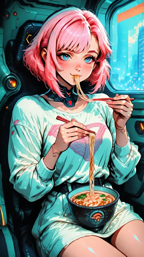 Create an image of a young beautiful woman named Elle. Elle is a bladerunner, sitting at a flying noodle soup shop and eating a noodle soup. in neon mega cyberpunk city. anime, cyberpunk, DB4RZ, DB4RZ style painting, in the style of cksc