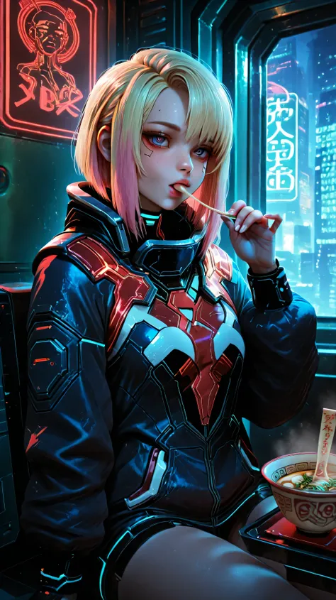 Create an image of a young beautiful woman named Elle. Elle is a bladerunner, sitting at a flying noodle soup shop and eating a noodle soup. in neon mega cyberpunk city. anime, cyberpunk, DB4RZ, DB4RZ style painting, in the style of cksc