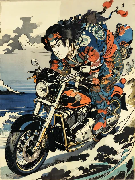 samurai riding american motorcycle, Harley-Davidson, black motorcycle, ukiyoe style, hokusai, monotone, HD, masterpiece, dynamic composition, hgh