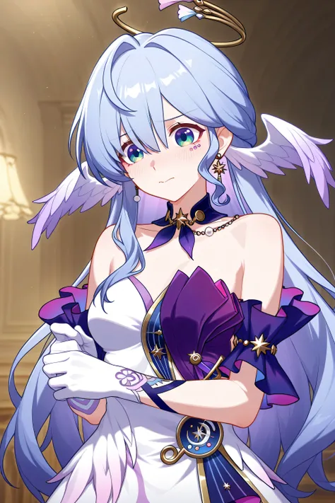 robin_(honkai:_star_rail)、head_wings、ahoge、1girl、halo、jewelry、earrings,Indoor,Change clothes,Shy、Height Details、Contrast、ray tracing、BEST LIGHT 、cinematic composition、 Beautiful face 、best quality、very beautiful、Ultra High Resolution、detailed background、Ga...