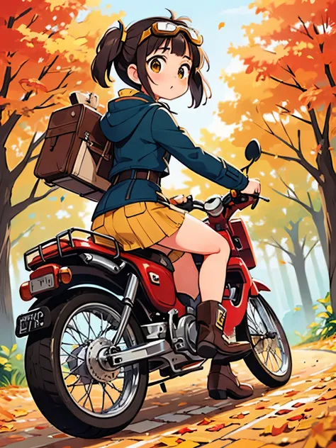 masterpiece，octane rendering，steampunk，( Ultra-fine: 1.2)，young girl on her way to change clothes，黄色のスーパーカブに乗る，cute，very short height，skinny，thin thighs， small yellow super cub ，short dress， down jacket，I got a lot of luggage，half length twin tail ，dark ha...