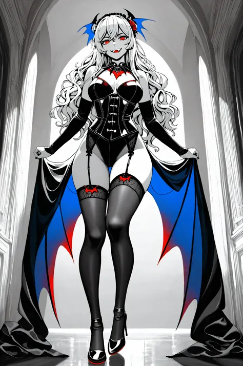 n30ng0th1cf4ngg1rl,NeonGothicFangGirl, ,aidmaMJ6.1, A (1960s photoshoot style black and white, only color is blue and red) glamours female vampire model shot, RAW, award winning, of an exquisite beautiful solo female vampire, ultra feminine, full body, bus...