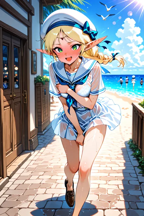masterpiece, best quality, highres, incredibly absurdres, amazing quality, tanaka masayoshi artstyle,
1girl,solo focus,three quarter view,
deedlit, pointy ears, elf, blonde hair, French braided ponytail, white serafuku,white sailor collar,white skirt,white...
