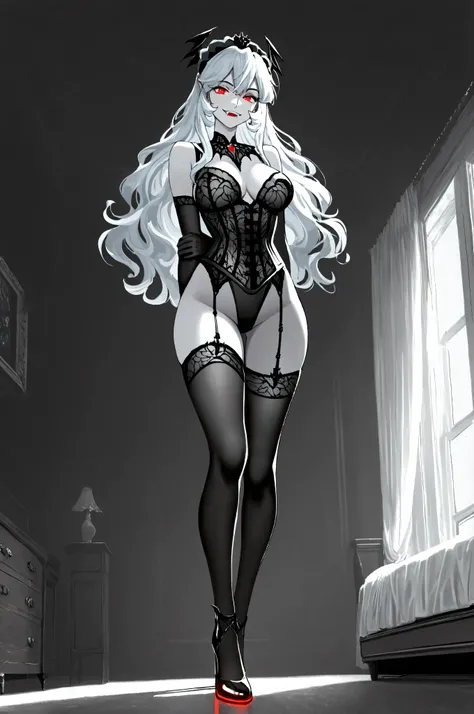 marvelrivals,n30ng0th1cf4ngg1rl,NeonGothicFangGirl, ,aidmaMJ6.1, A (1960s photoshoot style black and white, only color is blue and red) glamours female vampire model shot, RAW, award winning, of an exquisite beautiful solo female vampire, ultra feminine, f...