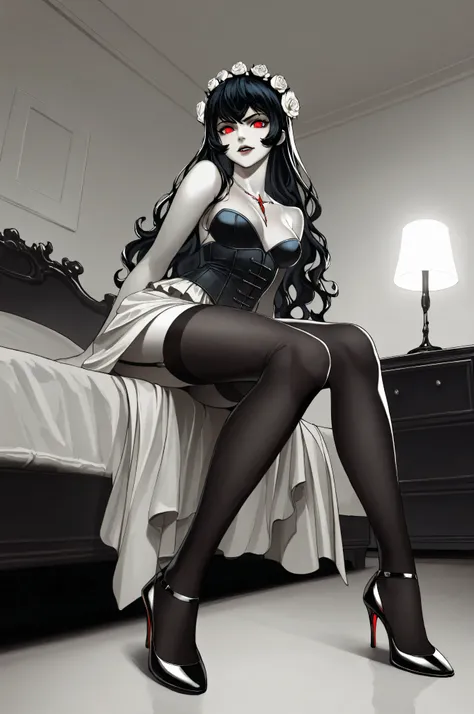marvelrivals,n30ng0th1cf4ngg1rl,NeonGothicFangGirl, ,aidmaMJ6.1, A (1960s photoshoot style black and white, only color is blue and red) glamours female vampire model shot, RAW, award winning, of an exquisite beautiful solo female vampire, ultra feminine, f...