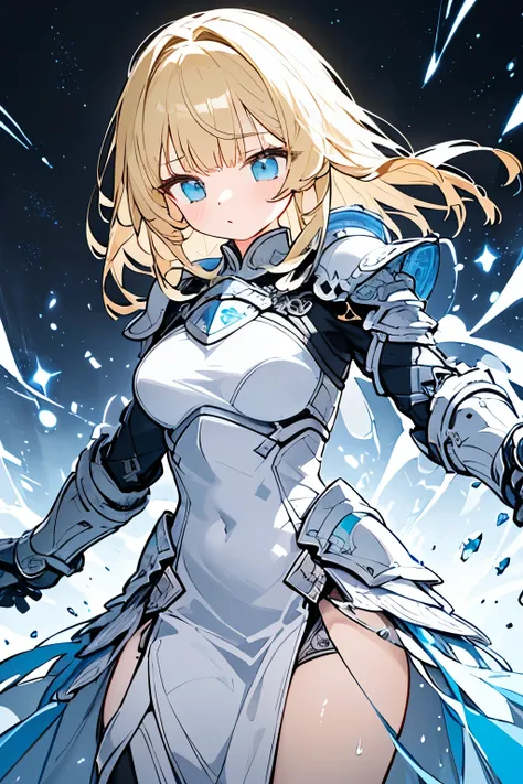 Beautiful girl,One person,masterpiece,illustration, natural body,(Perfect Armor Dress+White x light blue),intricate details ,Pearlescent Skin、(Blonde),(Clear x Blue Eyes),Advanced Technology,(Light Armor x Gauntlet x Armored Boots),technology armor,Particl...