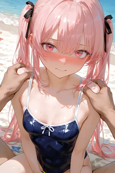 beach、women with small breasts、babyface by the pool、twin tails、pink hair、let's hide his areolas in a swimsuit、Some Men Around、The figure of a resisting man wearing a swimsuit、he is supported by a man in a position higher than his waist {x}、moist eyes、is sh...