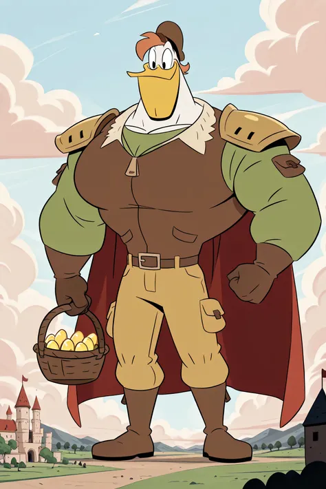 masterpiece, best quality, amazing quality, official style, giant l4unchmcqu4ck, male, furry male, anthro, solo, duck, white body, orange hair, short hair, black eyes, yellow beak, webbed feet, yellow feet, muscular body, brown hat, brown vest, green shirt...