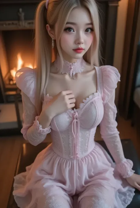 1girl, blonde hair styled like Frozen Anna, playful Lolita short skirt dress with lace details, sitting in a cozy vintage restaurant, cosplay style with elegant accessories, warm fireplace glowing in the background, fine facial features, captivating and pr...